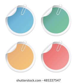 Round stickers set with paper clip isolated on white background. Colorful stickers. Sticker note papers.