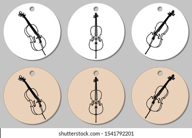 Round stickers template with cello. Isolated vector illustration with musician on white background