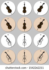 Round stickers template with cello. Isolated vector illustration with musician on white background