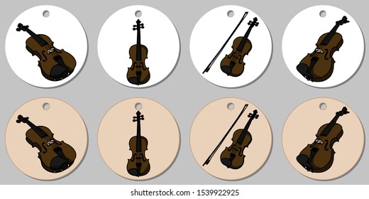 Round stickers template with violin, alt and bow. Isolated vector illustration with musician on white background