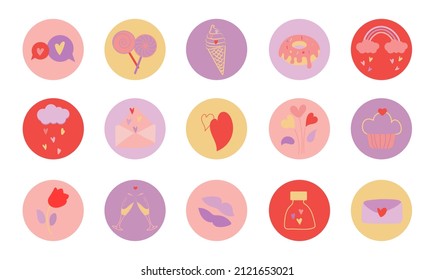 Round stickers for valentine's day. Cute circle badges with a festive theme, love. Suitable for cards, flyers, fashion prints, banners, social media. Romantic labels badges. Vector flat illustration