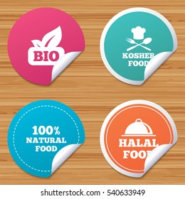 Round stickers or website banners. 100% Natural Bio food icons. Halal and Kosher signs. Chief hat with fork and spoon symbol. Circle badges with bended corner. Vector