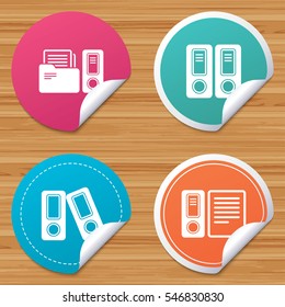 Round stickers or website banners. Accounting icons. Document storage in folders sign symbols. Circle badges with bended corner. Vector
