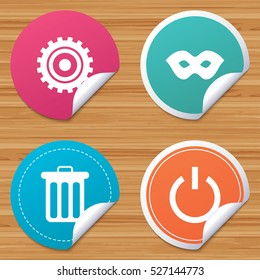 Round stickers or website banners. Anonymous mask and cogwheel gear icons. Recycle bin delete and power sign symbols. Circle badges with bended corner. Vector