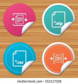 Round stickers or website banners. Archive file icons. Compressed zipped document signs. Data compression symbols. Circle badges with bended corner. Vector