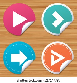 Round stickers or website banners. Arrow icons. Next navigation arrowhead signs. Direction symbols. Circle badges with bended corner. Vector