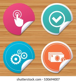 Round stickers or website banners. ATM cash machine withdrawal icons. Click here, check PIN number, processing and cash withdrawal symbols. Circle badges with bended corner. Vector