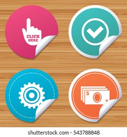 Round stickers or website banners. ATM cash machine withdrawal icons. Click here, check PIN number, processing and cash withdrawal symbols. Circle badges with bended corner. Vector