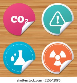 Round stickers or website banners. Attention and radiation icons. Chemistry flask sign. CO2 carbon dioxide symbol. Circle badges with bended corner. Vector