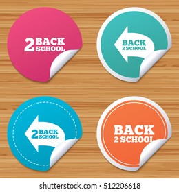 Round stickers or website banners. Back to school icons. Studies after the holidays signs symbols. Circle badges with bended corner. Vector