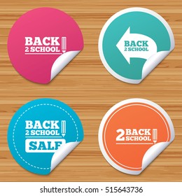 Round stickers or website banners. Back to school sale icons. Studies after the holidays signs. Pencil symbol. Circle badges with bended corner. Vector