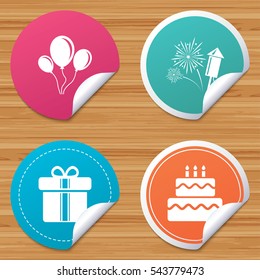 Round stickers or website banners. Birthday party icons. Cake and gift box signs. Air balloons and fireworks symbol. Circle badges with bended corner. Vector
