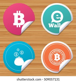 Round stickers or website banners. Bitcoin icons. Electronic wallet sign. Cash money symbol. Circle badges with bended corner. Vector