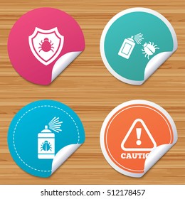 Round stickers or website banners. Bug disinfection icons. Caution attention and shield symbols. Insect fumigation spray sign. Circle badges with bended corner. Vector