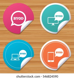 Round stickers or website banners. BYOD icons. Notebook and smartphone signs. Speech bubble symbol. Circle badges with bended corner. Vector