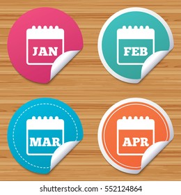 Round stickers or website banners. Calendar icons. January, February, March and April month symbols. Date or event reminder sign. Circle badges with bended corner. Vector