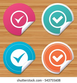 Round stickers or website banners. Check icons. Checkbox confirm circle sign symbols. Circle badges with bended corner. Vector