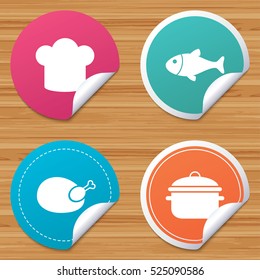 Round stickers or website banners. Chief hat and cooking pan icons. Fish and chicken signs. Boil or stew food symbol. Circle badges with bended corner. Vector