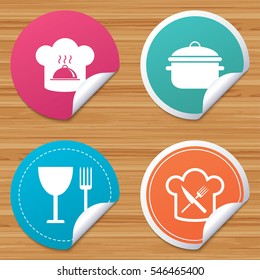 Round stickers or website banners. Chief hat and cooking pan icons. Crosswise fork and knife signs. Boil or stew food symbols. Circle badges with bended corner. Vector