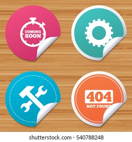 Round stickers or website banners. Coming soon icon. Repair service tool and gear symbols. Hammer with wrench signs. 404 Not found. Circle badges with bended corner. Vector