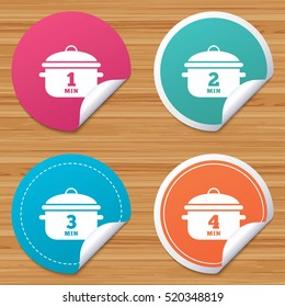 Round stickers or website banners. Cooking pan icons. Boil 1, 2, 3 and 4 minutes signs. Stew food symbol. Circle badges with bended corner. Vector