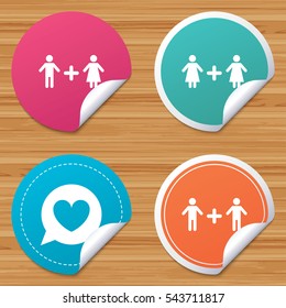 Round stickers or website banners. Couple love icon. Lesbian and Gay lovers signs. Romantic homosexual relationships. Speech bubble with heart symbol. Circle badges with bended corner. Vector