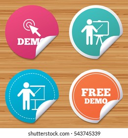 Round stickers or website banners. Demo with cursor icon. Presentation billboard sign. Man standing with pointer symbol. Circle badges with bended corner. Vector
