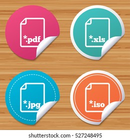 Round stickers or website banners. Download document icons. File extensions symbols. PDF, XLS, JPG and ISO virtual drive signs. Circle badges with bended corner. Vector