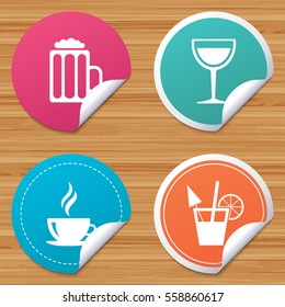 Round stickers or website banners. Drinks icons. Coffee cup and glass of beer symbols. Wine glass and cocktail signs. Circle badges with bended corner. Vector