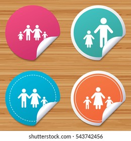 Round stickers or website banners. Family with two children icon. Parents and kids symbols. One-parent family signs. Mother and father divorce. Circle badges with bended corner. Vector