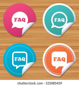 Round stickers or website banners. FAQ information icons. Help speech bubbles symbols. Circle and square talk signs. Circle badges with bended corner. Vector