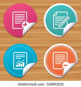 Round stickers or website banners. File document icons. Document with chart or graph symbol. Edit content with pencil sign. Add file. Circle badges with bended corner. Vector
