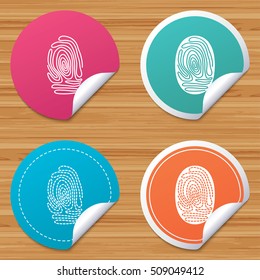 Round stickers or website banners. Fingerprint icons. Identification or authentication symbols. Biometric human dabs signs. Circle badges with bended corner. Vector