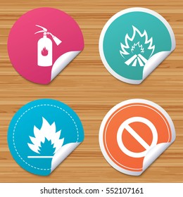 Round stickers or website banners. Fire flame icons. Fire extinguisher sign. Prohibition stop symbol. Circle badges with bended corner. Vector