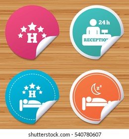 Round stickers or website banners. Five stars hotel icons. Travel rest place symbols. Human sleep in bed sign. Hotel 24 hours registration or reception. Circle badges with bended corner. Vector