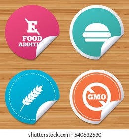 Round stickers or website banners. Food additive icon. Hamburger fast food sign. Gluten free and No GMO symbols. Without E acid stabilizers. Circle badges with bended corner. Vector