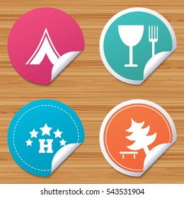 Round stickers or website banners. Food, hotel, camping tent and tree icons. Wineglass and fork. Break down tree. Road signs. Circle badges with bended corner. Vector