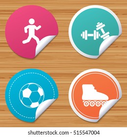 Round stickers or website banners. Football ball, Roller skates, Running icons. Fitness sport symbols. Gym workout equipment. Circle badges with bended corner. Vector