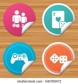Round stickers or website banners. Gamer icons. Board games players signs. Video game joystick symbol. Casino playing card. Circle badges with bended corner. Vector