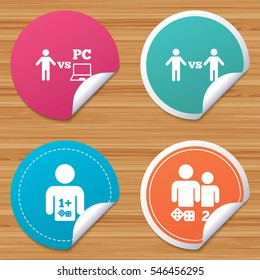 Round stickers or website banners. Gamer icons. Board and PC games players signs. Player vs PC symbol. Circle badges with bended corner. Vector