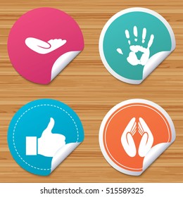 Round stickers or website banners. Hand icons. Like thumb up symbol. Insurance protection sign. Human helping donation hand. Prayer hands. Circle badges with bended corner. Vector