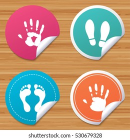 Round stickers or website banners. Hand and foot print icons. Imprint shoes and barefoot symbols. Stop do not enter sign. Circle badges with bended corner. Vector
