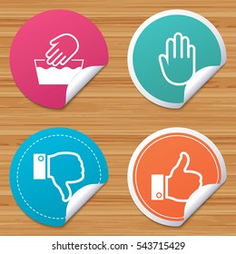 Round stickers or website banners. Hand icons. Like and dislike thumb up symbols. Not machine washable sign. Stop no entry. Circle badges with bended corner. Vector