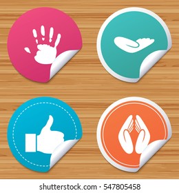 Round stickers or website banners. Hand icons. Like thumb up symbol. Insurance protection sign. Human helping donation hand. Prayer hands. Circle badges with bended corner. Vector