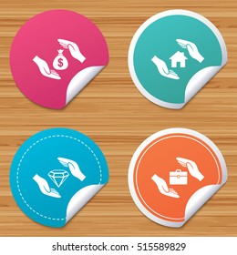 Round stickers or website banners. Hands insurance icons. Money bag savings symbols. Jewelry diamond symbol. House property sign. Circle badges with bended corner. Vector