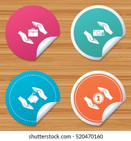 Round stickers or website banners. Hands insurance icons. Piggy bank moneybox symbol. Money savings insurance signs. Travel luggage and cash coin symbols. Circle badges with bended corner. Vector