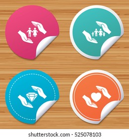 Round stickers or website banners. Hands insurance icons. Couple and family life insurance symbols. Heart health sign. Diamond jewelry symbol. Circle badges with bended corner. Vector