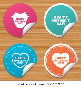 Round stickers or website banners. Happy Mothers's Day icons. Mom love heart symbols. Flower rose sign. Circle badges with bended corner. Vector