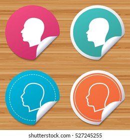 Round stickers or website banners. Head icons. Male and female human sign symbols. Circle badges with bended corner. Vector