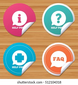 Round stickers or website banners. Help point icons. Question and information symbols. FAQ speech bubble signs. Circle badges with bended corner. Vector